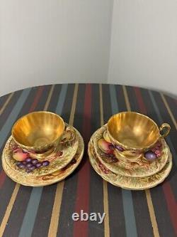 Aynsley Gold Orchard Fruits Demitasse Cup & Saucer & Plate 2 x Trio Sets Signed