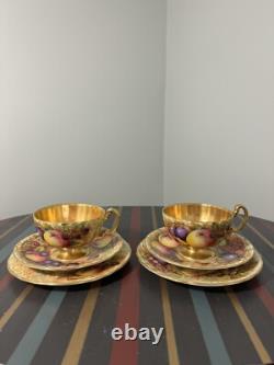 Aynsley Gold Orchard Fruits Demitasse Cup & Saucer & Plate 2 x Trio Sets Signed