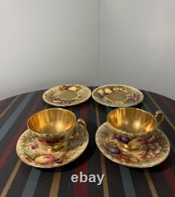 Aynsley Gold Orchard Fruits Demitasse Cup & Saucer & Plate 2 x Trio Sets Signed