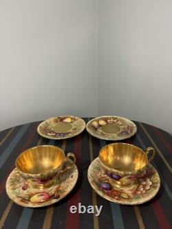 Aynsley Gold Orchard Fruits Demitasse Cup & Saucer & Plate 2 x Trio Sets Signed