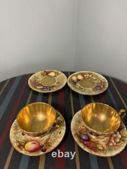 Aynsley Gold Orchard Fruits Demitasse Cup & Saucer & Plate 2 x Trio Sets Signed