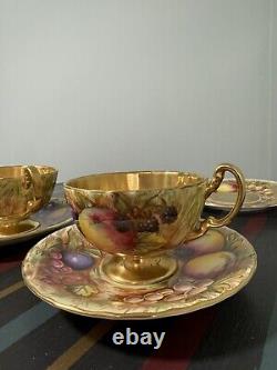 Aynsley Gold Orchard Fruits Demitasse Cup & Saucer & Plate 2 x Trio Sets Signed