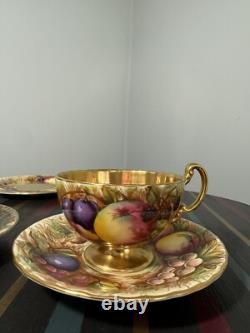Aynsley Gold Orchard Fruits Demitasse Cup & Saucer & Plate 2 x Trio Sets Signed