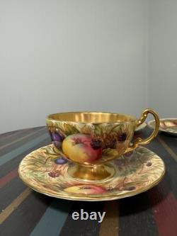 Aynsley Gold Orchard Fruits Demitasse Cup & Saucer & Plate 2 x Trio Sets Signed