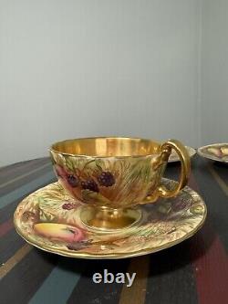 Aynsley Gold Orchard Fruits Demitasse Cup & Saucer & Plate 2 x Trio Sets Signed