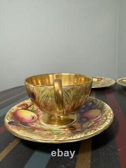 Aynsley Gold Orchard Fruits Demitasse Cup & Saucer & Plate 2 x Trio Sets Signed
