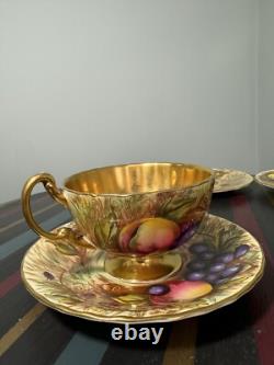 Aynsley Gold Orchard Fruits Demitasse Cup & Saucer & Plate 2 x Trio Sets Signed