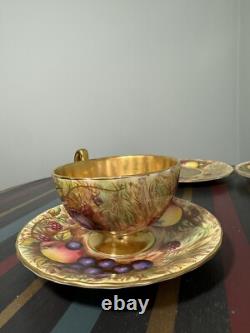 Aynsley Gold Orchard Fruits Demitasse Cup & Saucer & Plate 2 x Trio Sets Signed