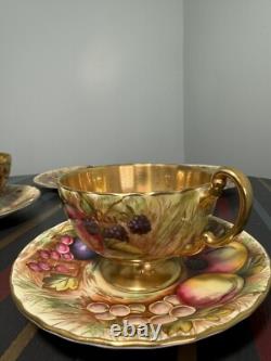 Aynsley Gold Orchard Fruits Demitasse Cup & Saucer & Plate 2 x Trio Sets Signed