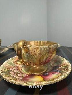 Aynsley Gold Orchard Fruits Demitasse Cup & Saucer & Plate 2 x Trio Sets Signed