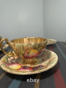 Aynsley Gold Orchard Fruits Demitasse Cup & Saucer & Plate 2 x Trio Sets Signed