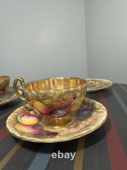 Aynsley Gold Orchard Fruits Demitasse Cup & Saucer & Plate 2 x Trio Sets Signed