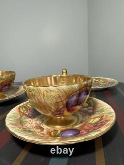 Aynsley Gold Orchard Fruits Demitasse Cup & Saucer & Plate 2 x Trio Sets Signed