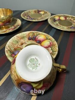 Aynsley Gold Orchard Fruits Demitasse Cup & Saucer & Plate 2 x Trio Sets Signed