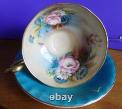 Aynsley Hip Rose Blue Cornflower, Daisy Wheat Ear Pattern Cup Saucer Turquoise