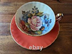 Aynsley JA Bailey Cabbage Rose Bouquet Orange Gold Ribbed Teacup Tea Cup saucer
