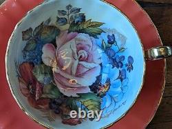 Aynsley JA Bailey Cabbage Rose Bouquet Orange Gold Ribbed Teacup Tea Cup saucer