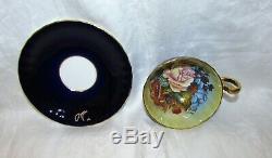Aynsley JA Bailey Signed Cobalt with Gold Pink Cabbage Rose Tea Cup & Saucer