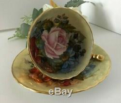 Aynsley J A Bailey Cup & Saucer Cabbage Roses Floral Ribbed Gold Teacup Signed