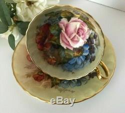 Aynsley J A Bailey Cup & Saucer Cabbage Roses Floral Ribbed Gold Teacup Signed