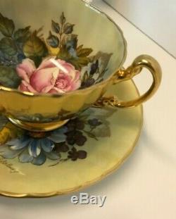 Aynsley J A Bailey Cup & Saucer Cabbage Roses Floral Ribbed Gold Teacup Signed