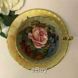 Aynsley J A Bailey Cup & Saucer Cabbage Roses Floral Ribbed Gold Teacup Signed