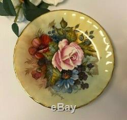 Aynsley J A Bailey Cup & Saucer Cabbage Roses Floral Ribbed Gold Teacup Signed