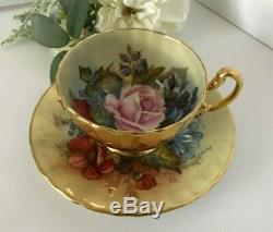 Aynsley J A Bailey Cup & Saucer Cabbage Roses Floral Ribbed Gold Teacup Signed