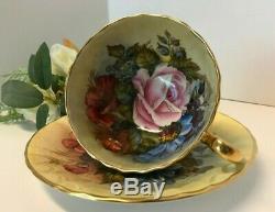 Aynsley J A Bailey Cup & Saucer Cabbage Roses Floral Ribbed Gold Teacup Signed