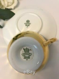 Aynsley J A Bailey Cup & Saucer Cabbage Roses Floral Ribbed Gold Teacup Signed