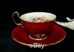 Aynsley J. A. Bailey Signed Hand Painted Burgundy Gold Cabbage Rose Cup & Saucer