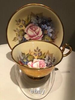 Aynsley J A Bailey Signed Tea Cup & Saucer Cabbage Rose Floral Gold