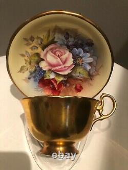Aynsley J A Bailey Signed Tea Cup & Saucer Cabbage Rose Floral Gold