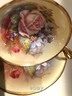 Aynsley J A Bailey Signed Tea Cup & Saucer Cabbage Rose Floral Gold