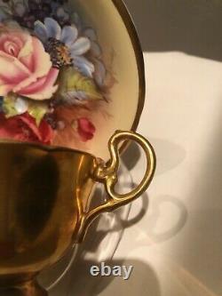 Aynsley J A Bailey Signed Tea Cup & Saucer Cabbage Rose Floral Gold