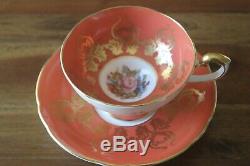 Aynsley J. A. Bailey Tea Cup Saucer Cabbage Rose Bouquet Gold Orange Pedestal