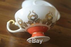 Aynsley J. A. Bailey Tea Cup Saucer Cabbage Rose Bouquet Gold Orange Pedestal