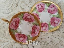 Aynsley Large Pink Cabbage Roses on Gold China Tea Cup & Saucer Set