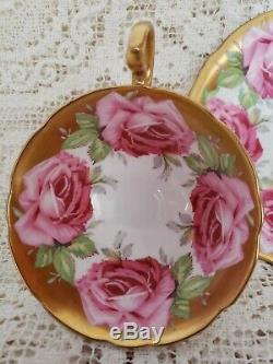Aynsley Large Pink Cabbage Roses on Gold China Tea Cup & Saucer Set