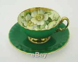 Aynsley Magnolia Flowers Footed Cup & Saucer Set Green & Gold Trim England