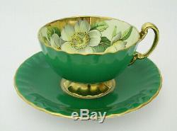 Aynsley Magnolia Flowers Footed Cup & Saucer Set Green & Gold Trim England