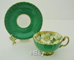 Aynsley Magnolia Flowers Footed Cup & Saucer Set Green & Gold Trim England