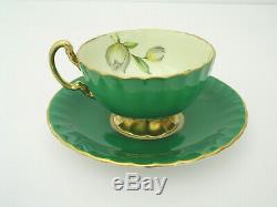 Aynsley Magnolia Flowers Footed Cup & Saucer Set Green & Gold Trim England