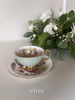 Aynsley Orchard Gold Cup and Saucer, Mint Green Exterior, Signed D. Jones