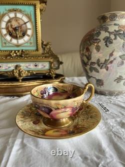 Aynsley Orchard Gold Fruit Cup Saucer Artist Signed N. Brunt Gold Rim