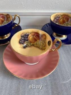 Aynsley Orchard Gold Tea Cup & Saucer Set Fruit Pattern Pink Blue set of 3