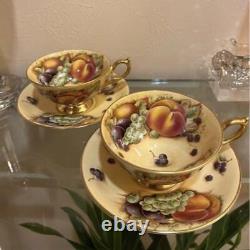 Aynsley Orchard Gold Tea Cup & Saucer Set Fruit Pattern set of 2