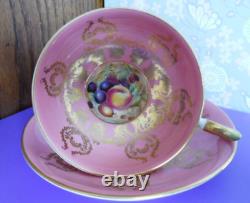 Aynsley Pedestal Cup & Saucer 2832 Orchard Fruit Coral Pink Gold Scrolls