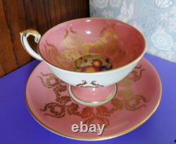 Aynsley Pedestal Cup & Saucer 2832 Orchard Fruit Coral Pink Gold Scrolls