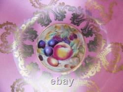 Aynsley Pedestal Cup & Saucer 2832 Orchard Fruit Coral Pink Gold Scrolls